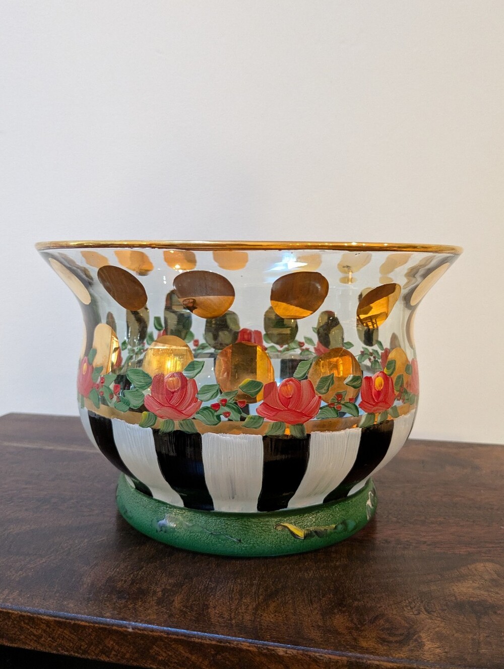 MacKenzie-Childs Heirloom Glass Bowl Courtly Stripe Floral Gold Polka Dot